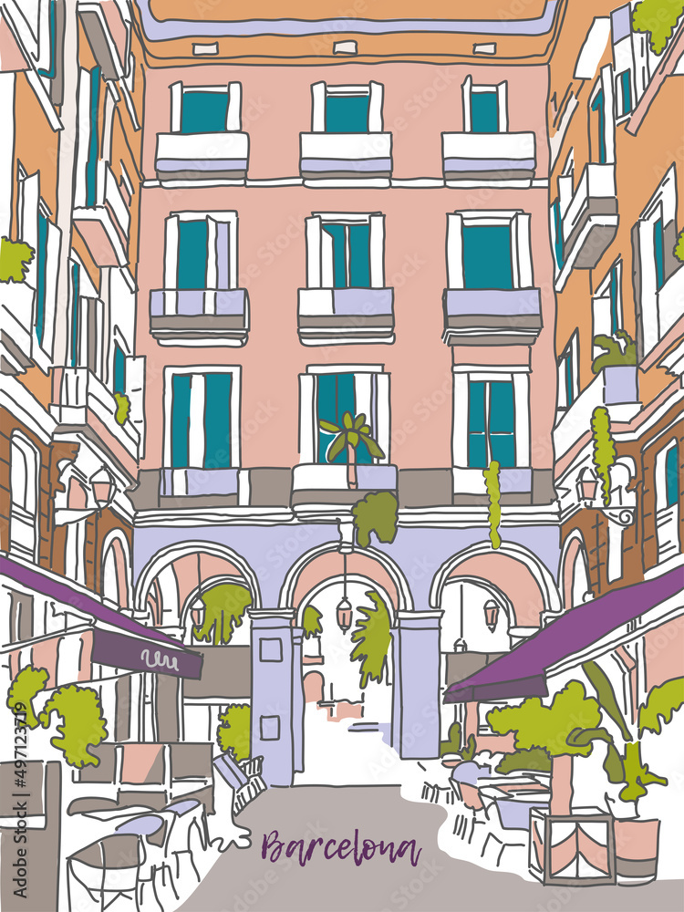 Hand drawn vector illustration Barcelona, Spain Sketch. Scene street ...