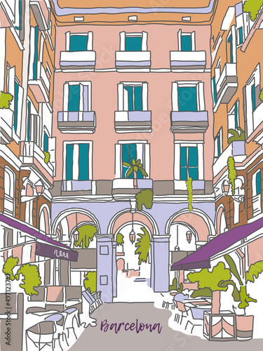 Hand drawn vector illustration Barcelona, Spain Sketch. Scene street illustration. Hand drawn ink line sketch in outline style. Simple urban sketch for postcards, logos or banners. 
