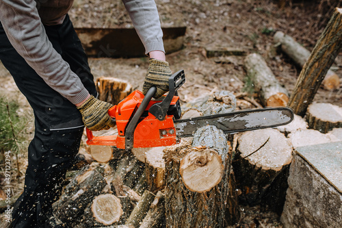 A lumberjack, a strong man, a professional saws logs holding a red expensive chainsaw in his hand, trees at a workplace in the forest. photo