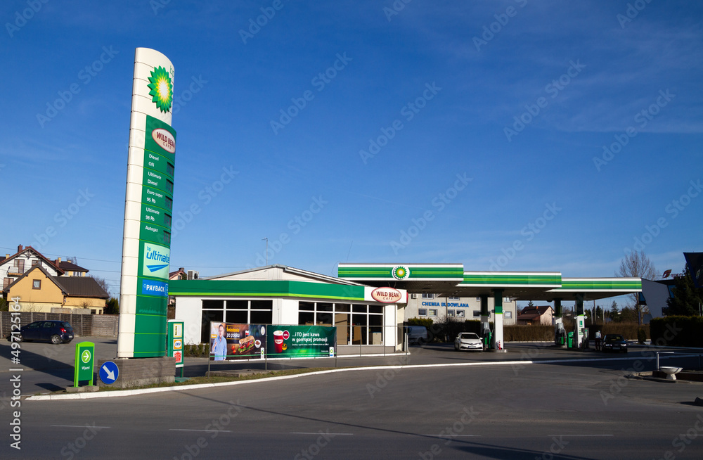 BP petrol station and Wild Bean Cafe. British Petroleum oil company gas