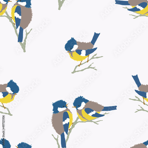 Seamless background of cute cartoon titmouse birds sitting on branches
