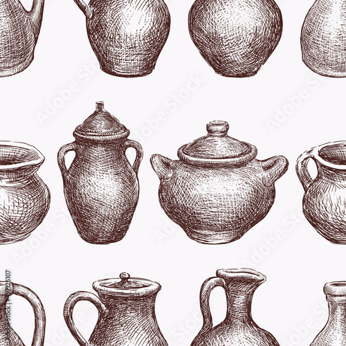Seamless background of drawings various clay jugs, pots and pans