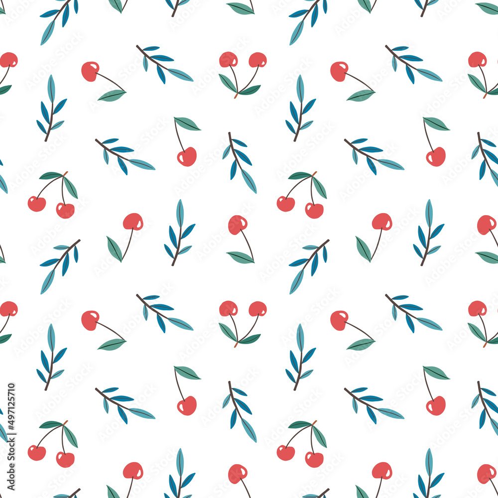 Hand drawn colorful seamless pattern of hand drawn cherry. Floral berries background. Perfect for textile manufacturing wallpaper posters etc. Vector illustration
