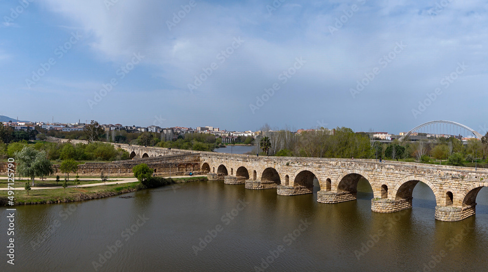 the ancient Roman bridge over the Guadiana River in downtown Merida