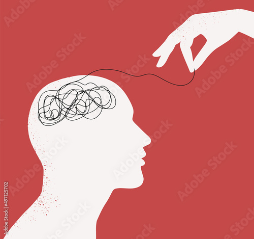 The therapist untangles the confusing thoughts and emotions in the client's head. Psychotherapy session concept. Treatment of anxiety, depression. Vector illustration
