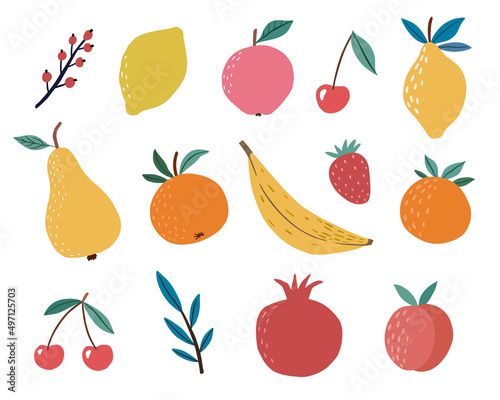 Set of cartoon fruits in flat style. Lemon, orange, pomegranate, apple, strawberry, cherry, apricot, banana, pear etc isolated on white. Vector illustration