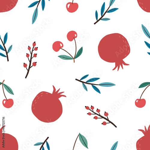 Hand drawn colorful seamless pattern of hand drawn fruits and berries. Summer cute background of cherries, pomegranates. Perfect for textile manufacturing wallpaper posters etc. Vector illustration
