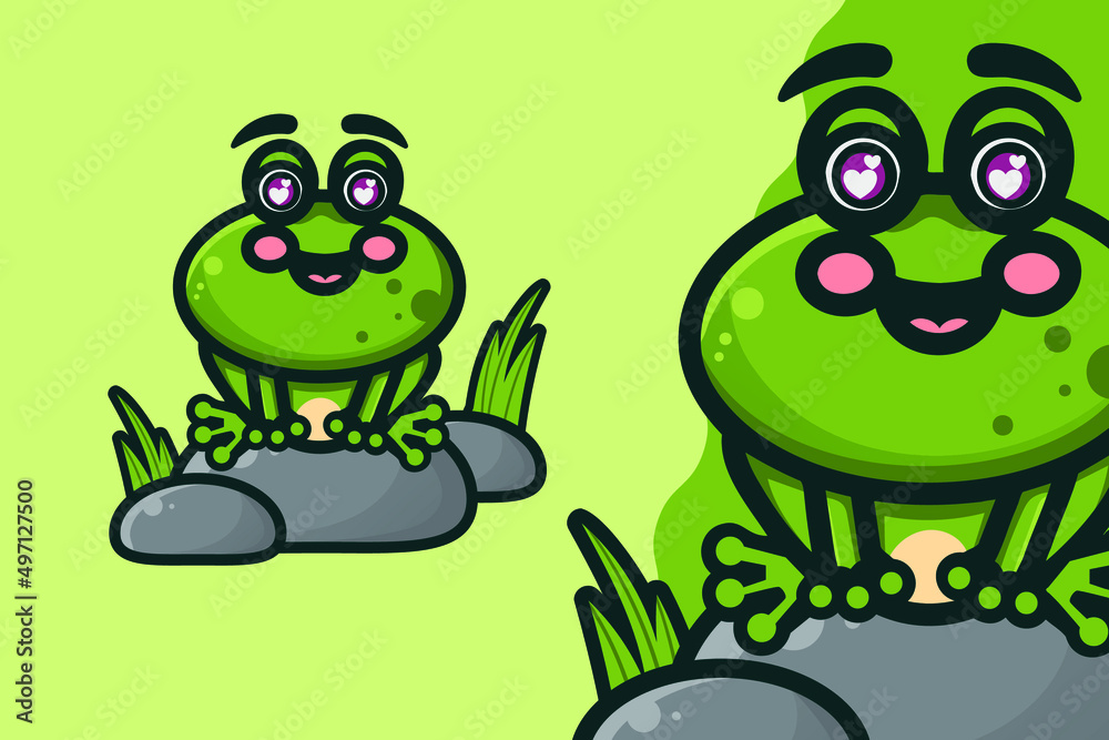 Obraz premium Cute Green Frog on The Rock Cartoon Vector