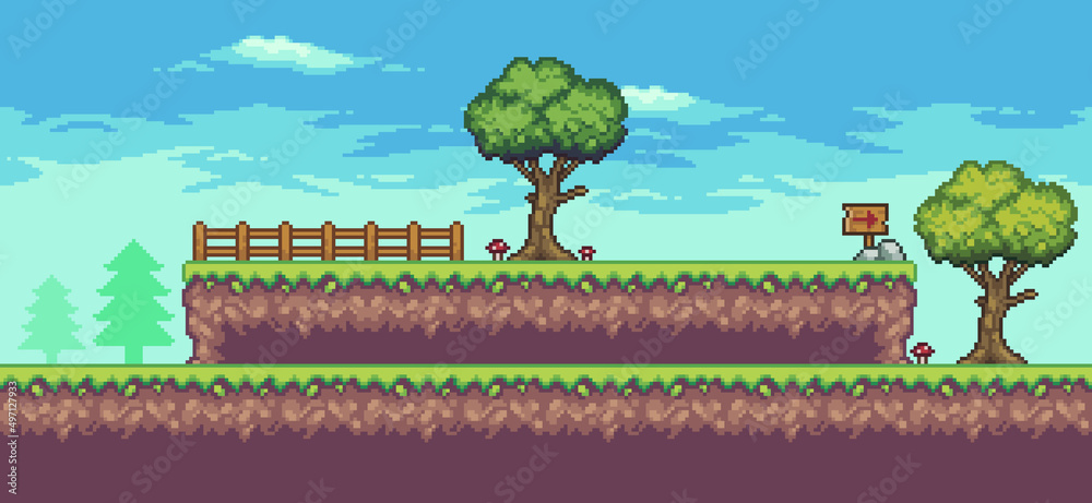 Pixel art arcade game scene with tree, fence, and clouds 8 bit vector ...