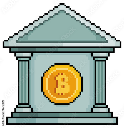 Pixel art bitcoin and cryptocurrency bank vector icon for 8bit game on white background

