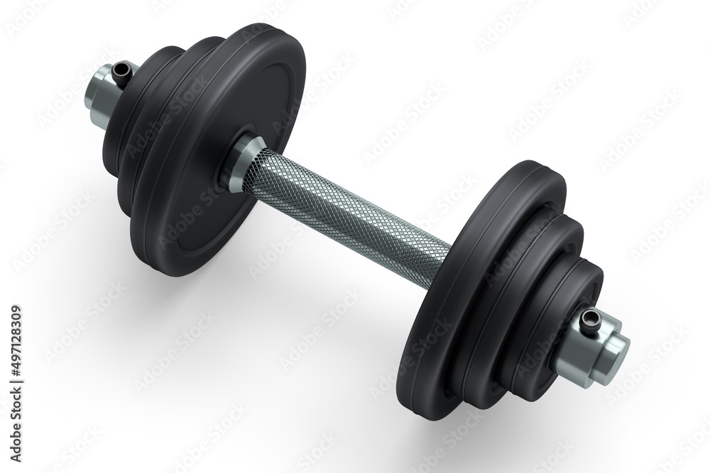 Metal dumbbell with black disks isolated on white background Metal dumbbell with black disks isolated on white background