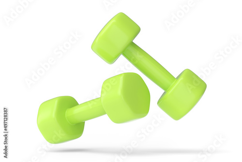 Pair of rubber green dumbbells isolated on white background