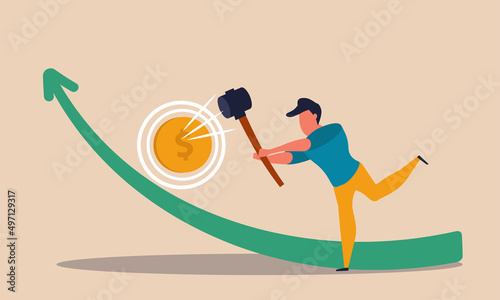 Game high with coin and strength hammer. Market meter and striker test strong vector illustration concept. Man win on carnival and business entertainment investment. Dollar measurement economic graph