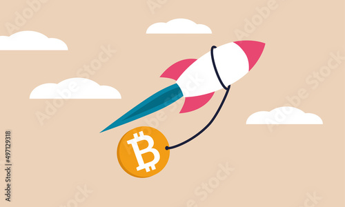 Bitcoin rocket money and bank blockchain cryptocurrency. Mining crypto finance and growth vector illustration concept. Btc coin investment and rising rate. Virtual wealth to future commerce price