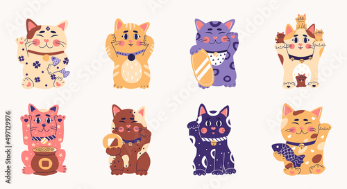Maneki neko set, japanese lucky cat, fortune symbol. Cute kitty character of oriental flat vector illustration