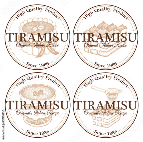 Sketch drawing logo set of tiramisu cake isolated on white background. Engraved Italian coffee dessert with cacao, mascarpone, cocoa and ladyfingers. Vintage chocolate sweet label. Vector illustration