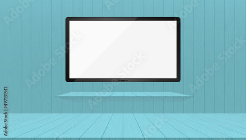 Empty wooden room with wide TV white blank flatscreen monitor mockup hanging on the wall and bookshelve.Vector illustration Icd monitor,oled,plasma on blue wooden wall.Interior design of Modern Studio
