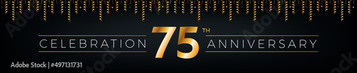 75th anniversary. Seventy-five years birthday celebration horizontal banner with bright golden color.