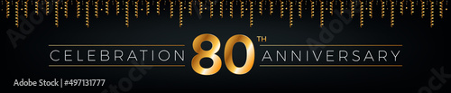 80th anniversary. Eighty years birthday celebration horizontal banner with bright golden color.