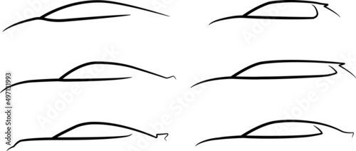 Collection of six car layouts - small car, sports car, sedan, station wagon, SUV and pickup