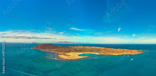 Beautiful panoramic view of Lobos island near Corralejo in Fuerteventura.