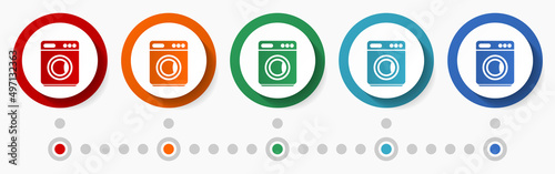 Washing machine, laundry concept vector icon set, infographic template, flat design colorful web buttons in 5 color options