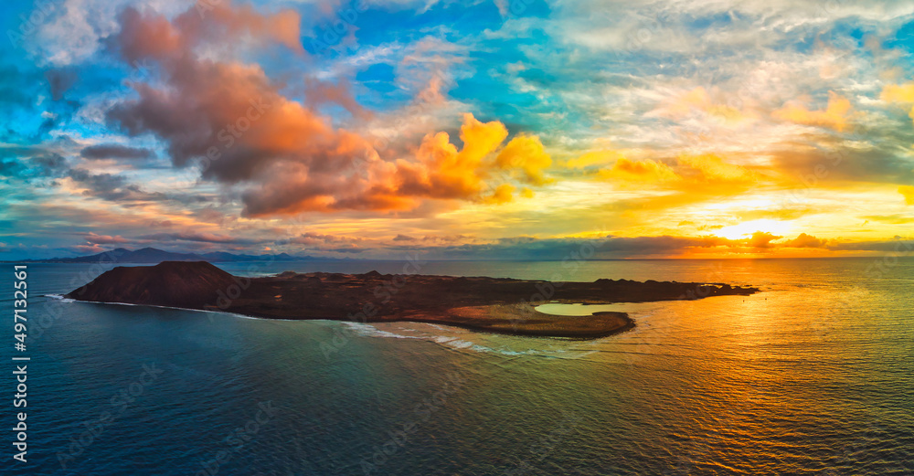 Dramatic aerial panoramic sunrise image, Corralejo, Fuerteventura