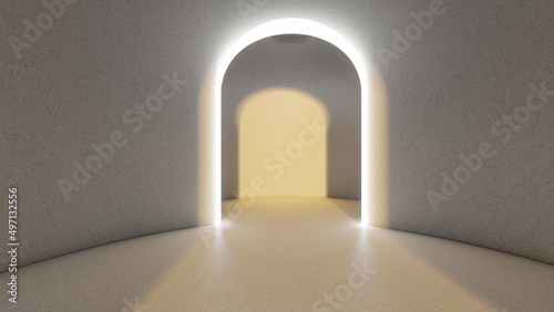 Interior background light arched opening in empty room 3d rendering