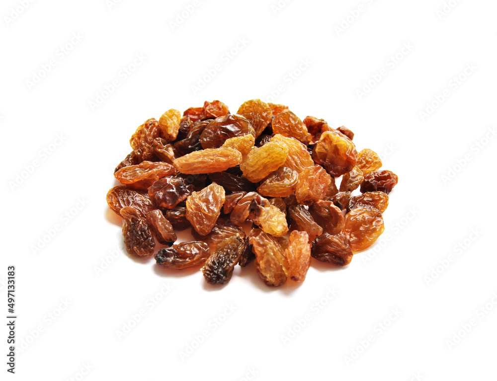 A handful of raisins isolated on white background, dry munakka isolated