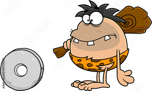 Caveman Cartoon Character With A Stone Wheel. Vector Hand Drawn Illustration Isolated On White Background