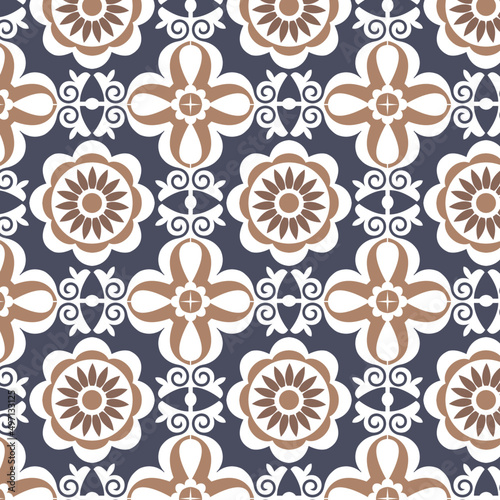 Seamless Flower pattern tile. Portuguese Spain decor. Vector Hand drawn background. Blue, white and gold flowers pattern.