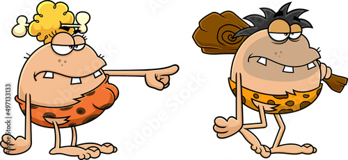 Angry CaveWoman Chases Caveman Cartoon Characters. Vector Hand Drawn Illustration Isolated On White Background