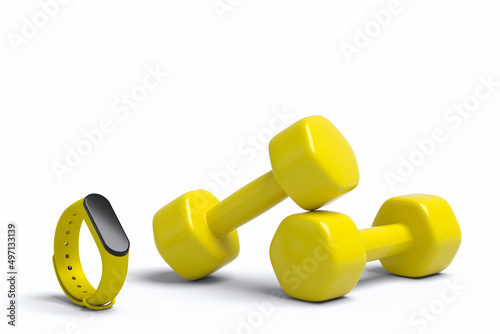 Isometric view of sport equipment like smart watches and dumbbell on white photo