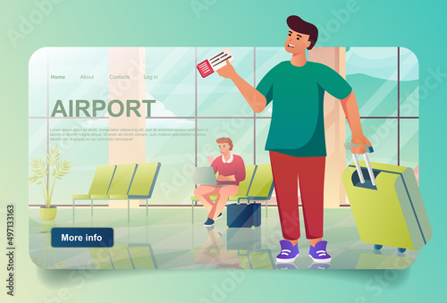 Airport terminal with passengers concept in cartoon design for landing page. Travelers with luggage and airplane tickets sitting in waiting hall. Vector illustration with people for web homepage