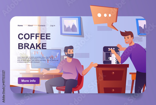 Coffee break in office concept in cartoon design for landing page. Colleagues making coffee, drinking, resting, brainstorming and discuss work tasks. Vector illustration with people for web homepage