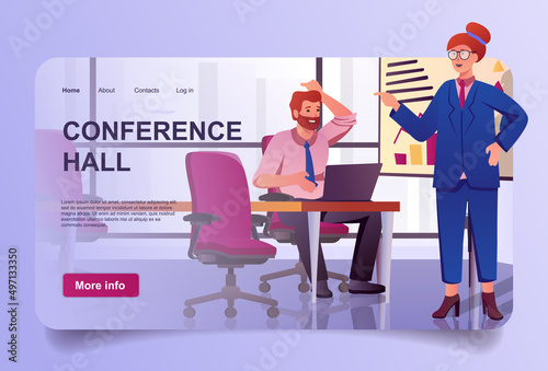 Conference hall concept in cartoon design for landing page. Man and woman brainstorming, employees discuss work tasks. Colleagues meeting in office. Vector illustration with people for web homepage