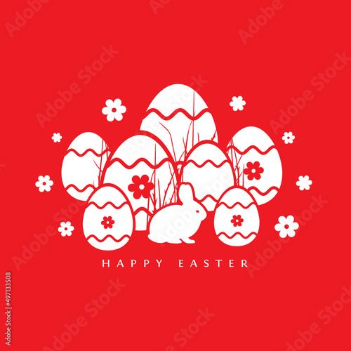 Happy Easter card with easter eggs and rabbit on red background. Vector illustration.