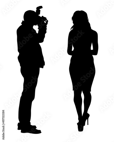 Man with a camera on street. Isolated silhouettes of people on white background