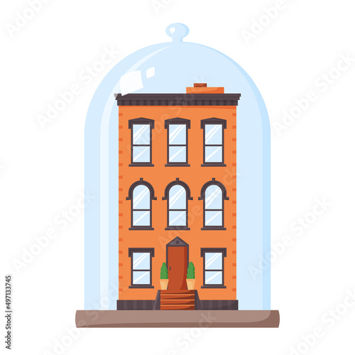 Rent control house concept. Rent stabilized apartment unit. Brick building covered by glass dome. Protected property. Flat vector