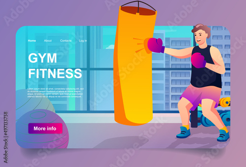 Fitness at gym concept in cartoon design for landing page. Man boxer in gloves boxing punching bag. Healthy lifestyle and workout training in gym. Vector illustration with people for web homepage