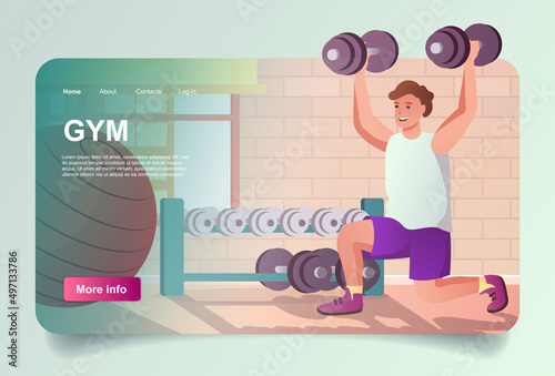 Workout at gym concept in cartoon design for landing page. Man doing exercises with dumbbells in sports club, weightlifting and strength training. Vector illustration with people for web homepage