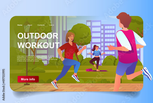 Outdoor workout concept in cartoon design for landing page. Men and women training in city park, running or doing yoga asanas. Healthy lifestyle. Vector illustration with people for web homepage