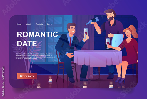 Romantic date concept in cartoon design for landing page. Loving man and woman drinking wine sitting at table in restaurant. Couple meeting at cafe. Vector illustration with people for web homepage