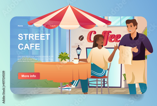 Street cafe with visitor concept in cartoon design for landing page. Woman drinking coffee sitting at tables outdoors and ordering lunch at waiter. Vector illustration with people for web homepage