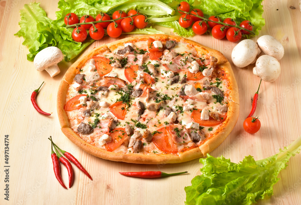 Delicious fresh pizza served on wooden table Delicious fresh pizza served on wooden table