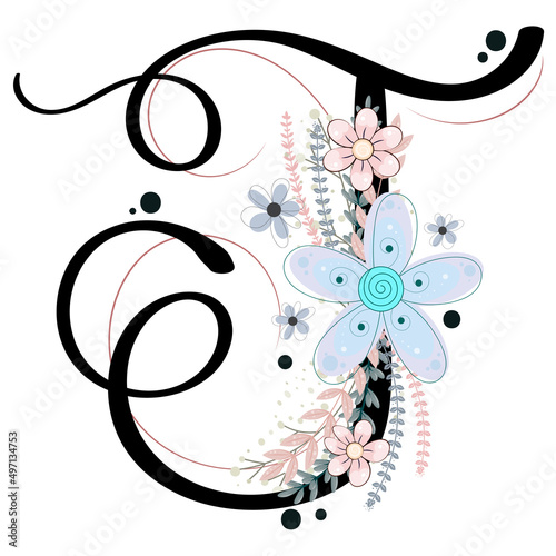 Alphabet ornaments. LETTER T floral vector with flowers and leaves, vintage handwritten, Decoration vintage for invites card and other concept ideas. Illustration letter T ornaments	

