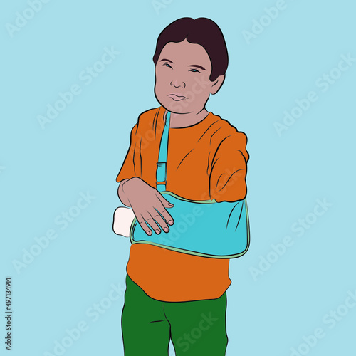 Child in sling with arm pain. Splint vector.