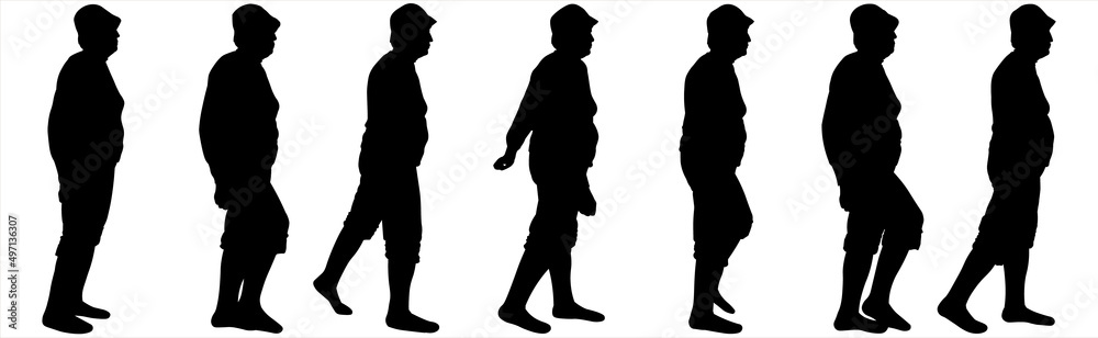 An older woman in shorts, a sweater, and a camping cap with a short haircut. Hiking. A series of images for motion animation. Seven black female silhouettes are isolated on a white background.