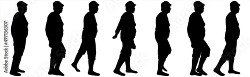 An older woman in shorts, a sweater, and a camping cap with a short haircut. Hiking. A series of images for motion animation. Seven black female silhouettes are isolated on a white background.
