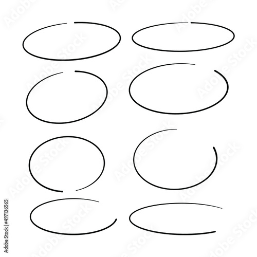 Highlight oval frames set. Hand drawn scribble doodle underscore circle. Ovals and ellipses line template. Stock vector illustration isolated on white background.